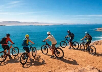 Panoramic view of Paracas National Reserve featuring dramatic coastal cliffs, Playa Roja beach, desert landscapes, and the Pacific Ocean in Peru.